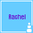 Four identical blue square each display purple text 'Rachel' with a white pixelated icon in the bottom-right corner