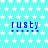 A static image with a light blue background covered in white stars, displaying the word "rusty" repeated six times in blue pixelated text.