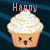 Pixelated cupcake with smiling face and colorful sprinkles, set against dark blue striped background.
