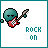 A 5x5 contact sheet of a pixel art animation featuring a teal skull character playing a red electric guitar with white accents, accompanied by the text "ROCK ON" in cyan below it.