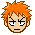 Four pixel-art character head views with orange spiky hair, varying facial expressions on a gray background.