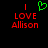 A pixelated image with red text 'I LOVE Alison' on a black background, featuring a green heart symbol replacing the word 'love' in one version.