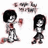 Pixelated cartoon characters with dark hair and red accents on clothing, one holding a heart-shaped object against white background.