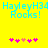 Yellow background with cyan text reading 'HayleyH34 Rocks!' and two of pink hearts, one having a single orange heart