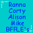 Blue pixelated text on cyan background with white star and dot accents, arranged in three vertical of names and 'BFLE's' across two
