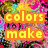 Pixelated image with four quadrants: top-left text 'colors make', top-right food items, bottom-left rainbow, bottom-right empty space.