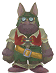 Pixelated cartoon character with rabbit ears, green mask, red vest, yellow belt, and brown boots in three of three