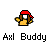 Pixelated character with red bandana, brown hair, and yellow face holding a blue object against gray background.