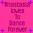 Pixelated text on a bright pink background with scattered blue star shapes, displaying 'Anastasia loves To Dance Forever' in multiple repetitions.