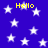 Blue background with white stars and yellow text reading Hello in four locations.
