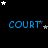 Blue text 'COURT' repeated across a black background with scattered white and gray stars, partially obscured by a light gray rectangle.