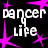 A contact sheet of three animated frames showing a black background with repeated white text "dancer life" and pink starburst shapes, arranged in a 2x2 grid with one gray square placeholder.