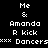 Pixelated text displays 'Me & Amanda R kick Dancers' with green highlight changes across three views.