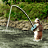 Animated contact sheet showing a cartoon fisherman in water with fishing rod across six frames, green grassy bank background, gray transparency background.