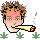 Pixelated character with brown curly hair holds a yellow cigarette-like object, face shifts through red/blue/neutral eye colors against gray background with green leaf patterns.