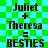 Green and cyan checkered background with black text displaying 'Juliet + Theresa = BESTIES' in two identical vertical sections.