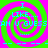 A static image with four identical spiral patterns on a bright green background, each containing cyan text and dots.