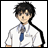 Pixelated anime-style character with dark hair and glasses wearing a white shirt and blue tie, next to black background with white text.