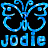 Pixelated blue butterfly-shaped logo with stylized text "Jode" below, on black background.