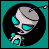 Pixelated cartoon alien with gray dome head, teal and pink eyes, black circular background with purple dots, cyan gem-like chest pieces.