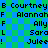 Pixelated of names and initials on blue-green checkered background with no visible animation changes