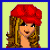 Pixelated cartoon woman with red beret and long brown hair, wearing red top and black-and-red plaid pants; four show sequential text animation of 'CHANTY' on light yellow background