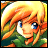 Pixelated anime-style character with blonde hair and blue eyes in a green tunic, next to stylized text on black background.