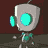 Animated sequence of a small robot with a rounded gray body, cyan circular eyes, and cyan side accents, performing a full rotation cycle against a dark background.