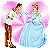 Pixelated static image of two cartoon characters in formal attire dancing under pink heart-shaped backdrop with gray background.