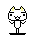 Pixel art of a white cat-like creature with yellow-tipped ears, black eyes and mouth, standing on two legs against gray background.