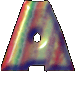 A stylized letter A with a rainbow gradient surface and visible pixelation against a gray background.