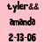Pixelated text on pink background: 'tyler&8' top-left, 'amanda' middle-left, '2-13-06' bottom-left; identical layout mirrored right side.