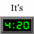 Pixelated digital clock display showing green '4:20' within a gray frame, surrounded by fragmented text phrases on white and gray backgrounds.