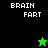 Pixelated image with "BRAIN FART" text in white on black and green backgrounds, featuring two star-shaped figures.
