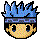 Pixel art character with blue spiky hair and a headband, showing three distinct facial expressions