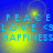 Blue background with yellow circular light effects and pixelated text reading PEACE LOVE <3 HAPPINESS in cyan letters.