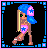 Pixel art contact sheet of an animated AIM buddy icon featuring a cartoon character and text frames with pink, blue, and black color scheme.