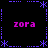 Pixelated graphic with four 'zora' text instances in pink, surrounded by blue dashed lines and asterisk-like symbols on a black background.