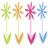 Four pixelated starburst-shaped icons with arrow tails in green, orange, pink, and blue arranged horizontally on white background.