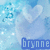 Pixelated blue-toned image with abstract shapes and a text block reading 'bryne' in lowercase letters.