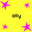 Yellow background with multiple pink star icons and four instances of the word 'ally' in black pixelated text.