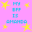 Pixelated pink background with yellow stars and cyan text reading "MY BFF IS AMANDA" repeated four times.