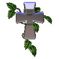 Animated contact sheet of a cross-shaped icon with green vines, showing eight sequential frames where the cross's top section alternates between gray and white while maintaining consistent vine placement.