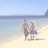 Pixelated beach scene with two figures holding hands on sand, overlaid by bright green text containing blue pixelated words