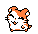 Pixel art hamster with orange and white fur, black eyes, and a smiling expression in two poses separated by blue speech bubbles.