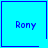 Four identical blue squares with "Rony" text, each containing a distinct small symbol in the bottom-right corner.