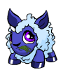 A blue sheep-like creature with light blue wool, purple eyes, and a green mouth is shown in multiple expressions across frames.
