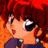 Pixelated anime-style character with red hair and large eyes, wearing a dark blue top with light blue accents, positioned against an orange background.