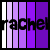 A static image with vertical purple and white stripes, featuring the name 'rachel' in black pixelated text across the center.