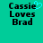 Pixelated text 'Cassie Loves Brad' on teal background with cyan heart symbol above 'ie' in 'Cassie', two identical static frames shown side-by-side.